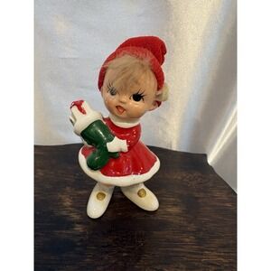 Vintage Napco Girl Figurine stocking Faux Hair Marked Christmas